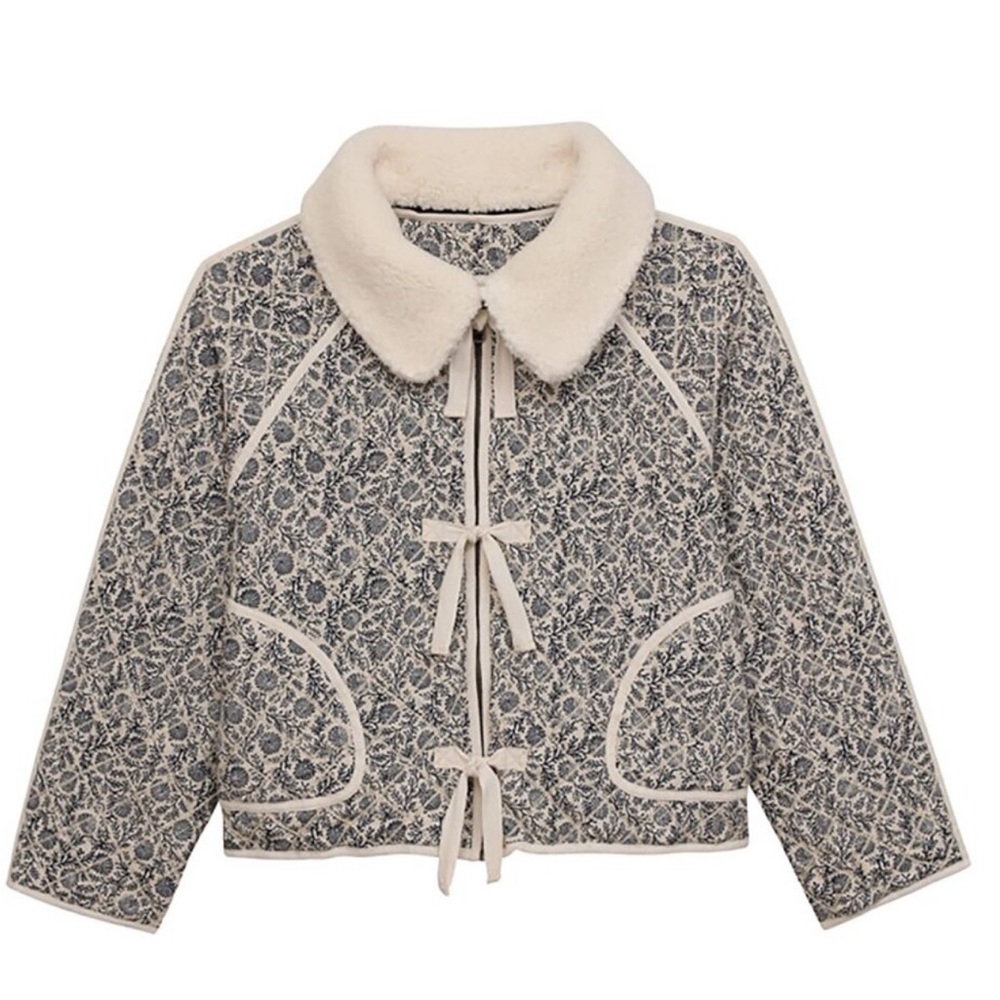 The Great Reversible Short Quilted Puffer Blue Cream Print Size 2 Small